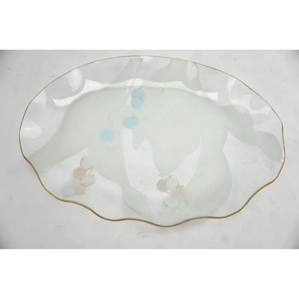 Vintage‎ Frosted Glass Floral Serving Platter Gold Trim Scalloped Edge
